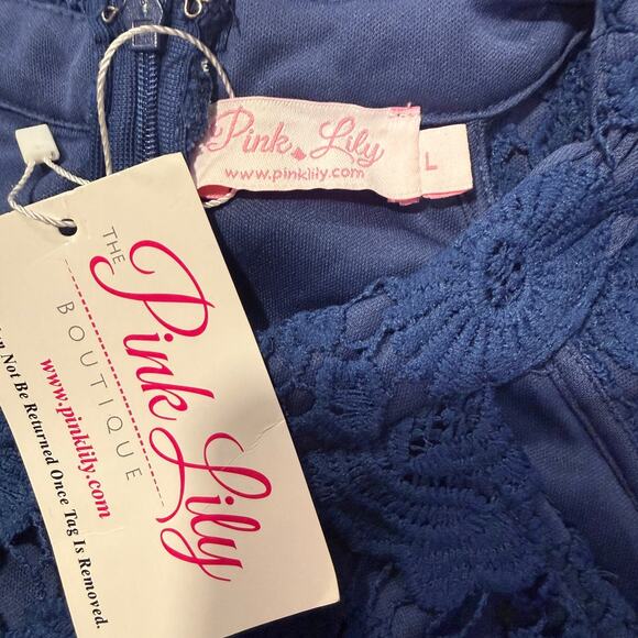 Pink Lily Navy Blue Floral Lace Halter Bodycon Dress Cocktail Midi Large NEW - Picture 8 of 9